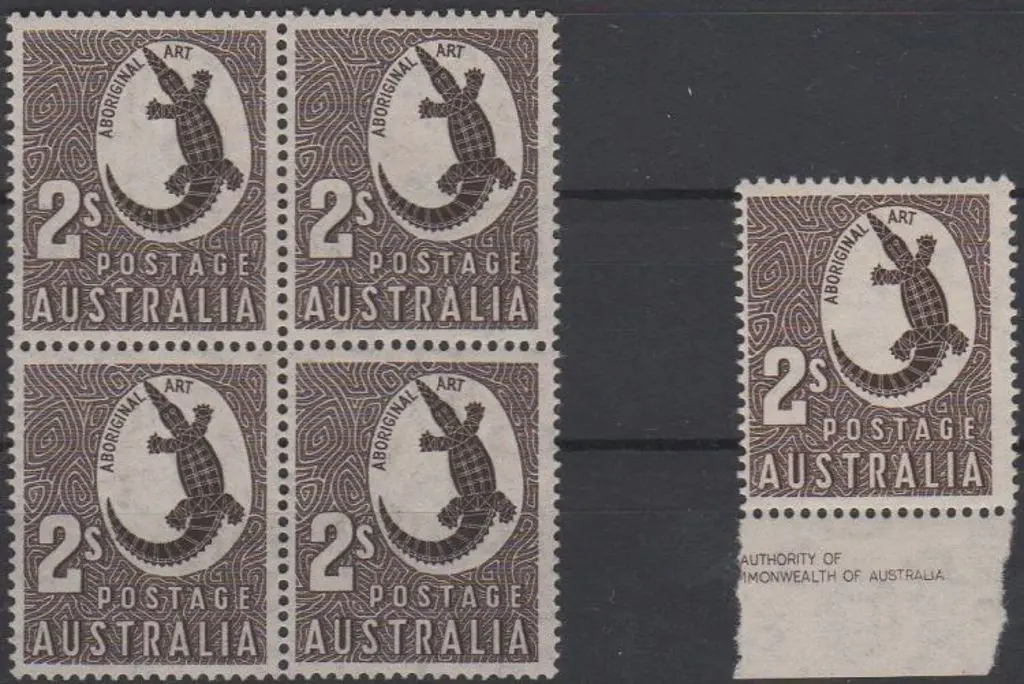 1948 2/- Aboriginal Art block of 4 on thin paper. ... Image 1++