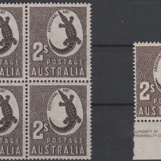 1948 2/- Aboriginal Art block of 4 on thin paper. ...