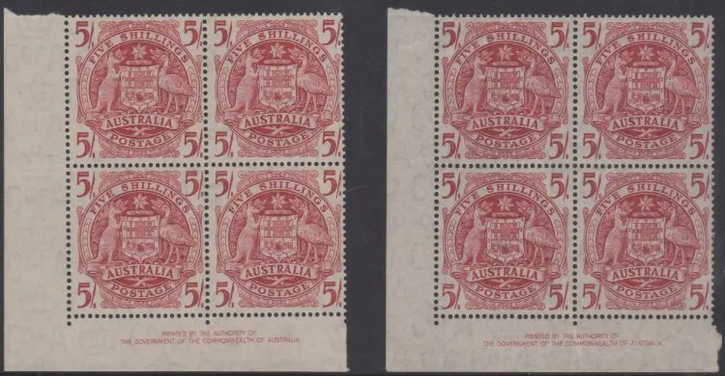 1949/51 5/- Arms imprint block of 4 on thin paper ... Image 1++