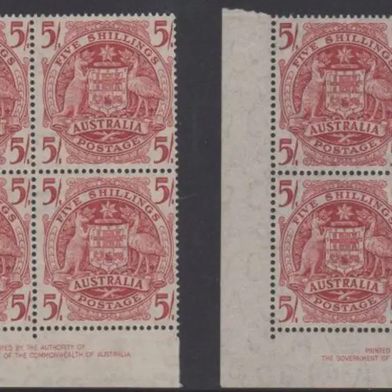 1949/51 5/- Arms imprint block of 4 on thin paper ...