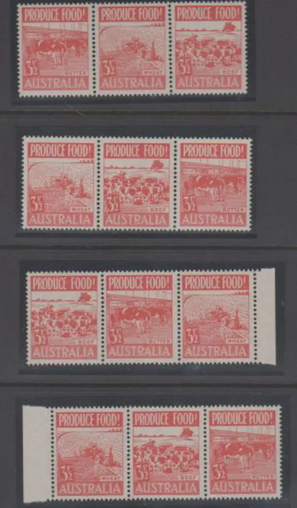1953 3½d Produce Food strips x 4 each with listed ... Image 1++