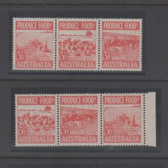 1953 3½d Produce Food strips x 4 each with listed ...