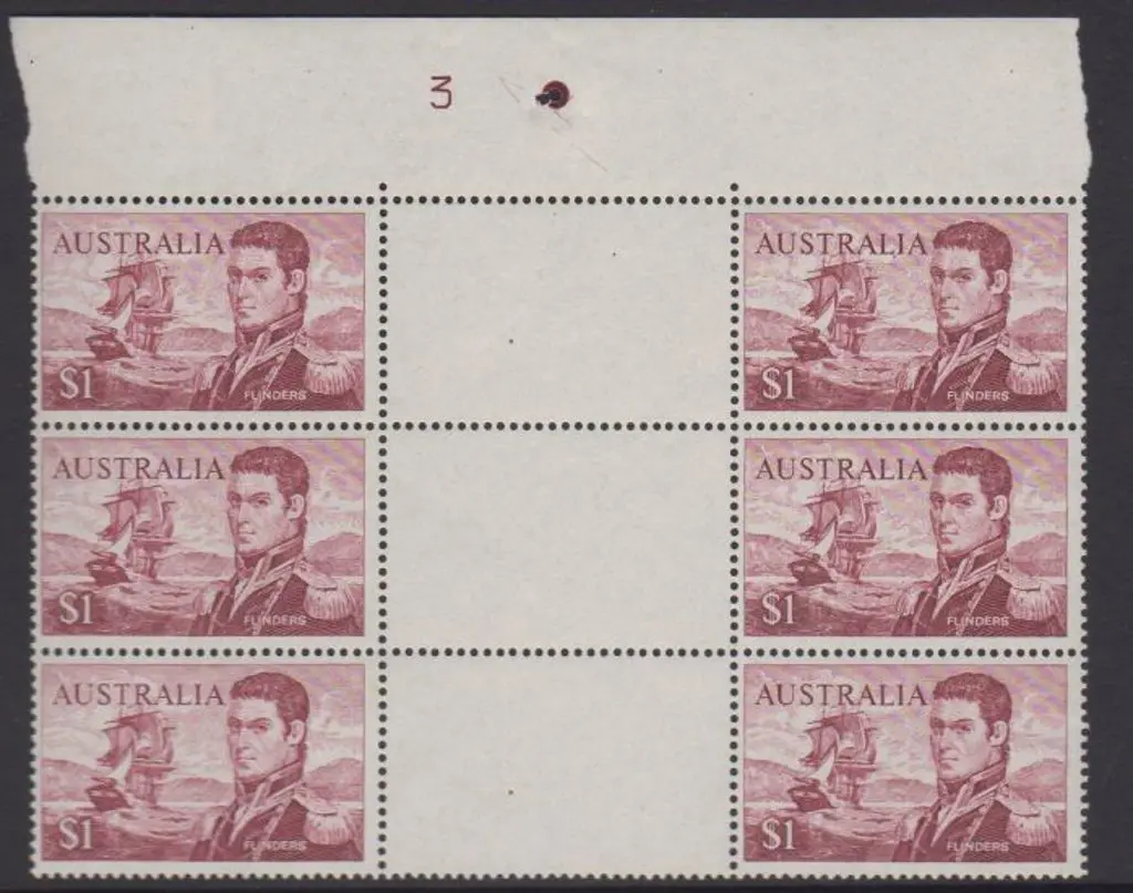 1966 $1 Flinders gutter block of 6 with Plate No. ... Image 1++