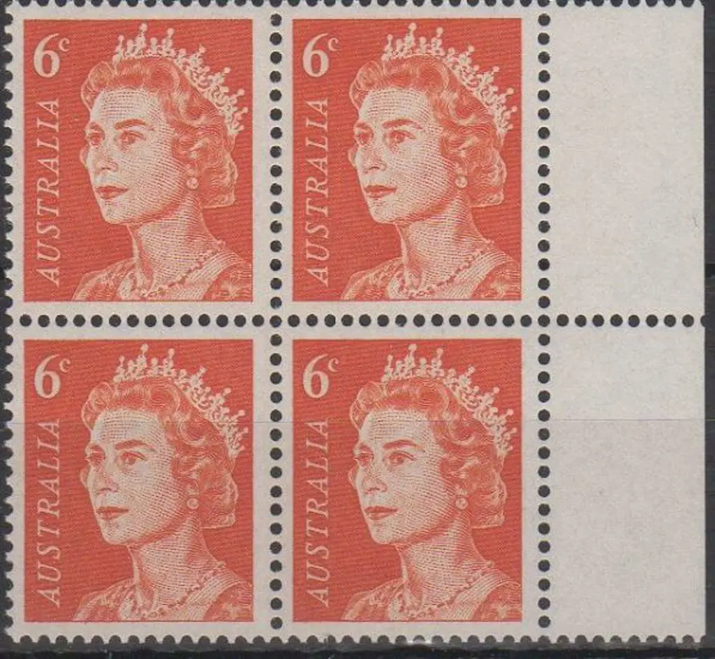 1970 6₵ orange QEII right marginal block of 4 on ... Image 1++