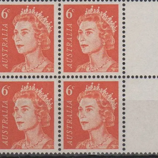 1970 6₵ orange QEII right marginal block of 4 on ...
