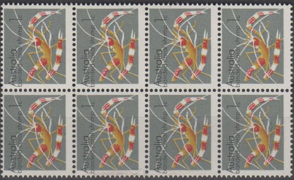1973 1c Banded Coral Shrimp block of 8 with ... Image 1++