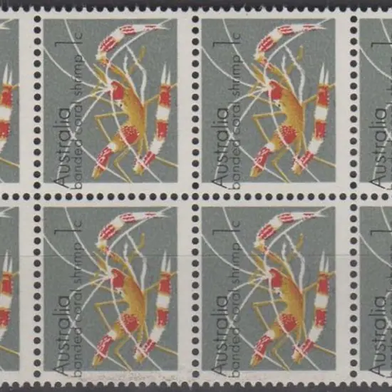 1973 1c Banded Coral Shrimp block of 8 with ...