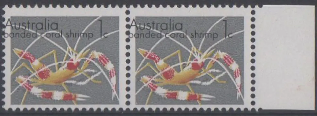 1973 1₵ Banded Coral Shrimp right marginal horiz ... Image 1++