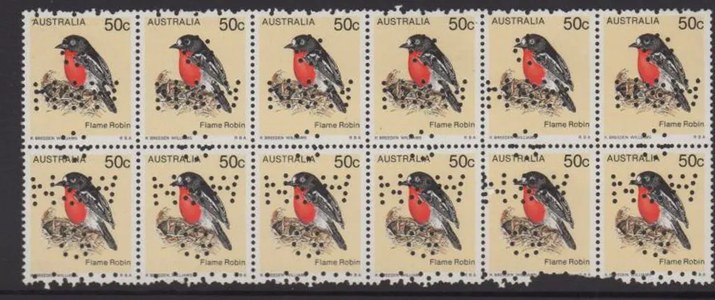 1979 50c Flame Robin block of 12 with misplaced "G ... Image 1++