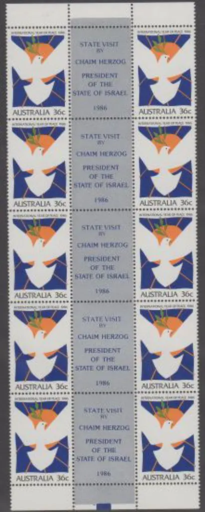 1986 Year of Peace gutter strip with "State Visit ... Image 1++