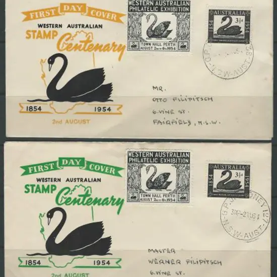 1954 (2nd Aug) WA Stamp Cent addressed covers, one ...