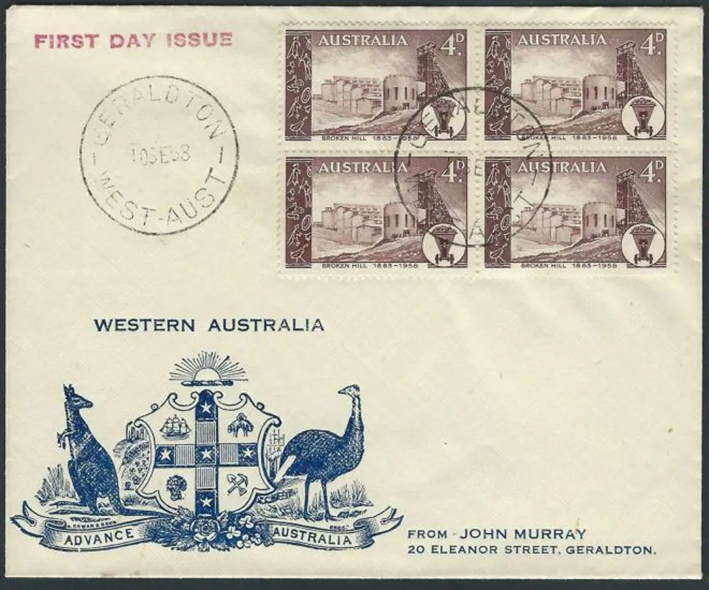 1958 (10th Sept) 4d Broken Hill block of 4 on Coat ... Image 1++