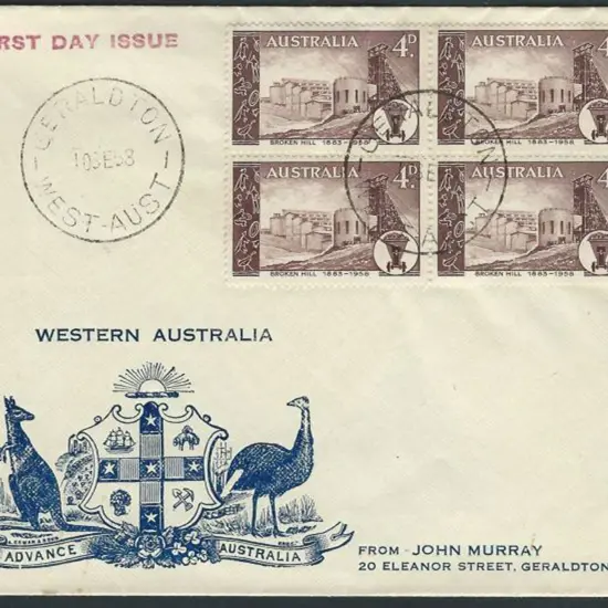 1958 (10th Sept) 4d Broken Hill block of 4 on Coat ...