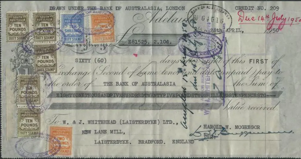 1950 Bank draft with 5 x £10 Duty stamps attached ... Image 1++