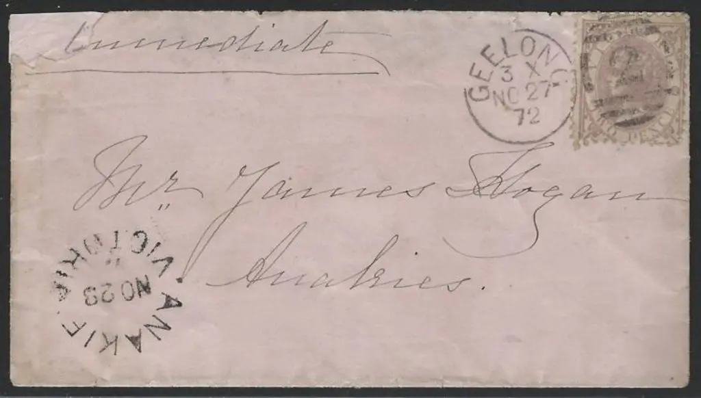 1872 (27th Nov) cover with 2d QV tied by Geelong ... Image 1++