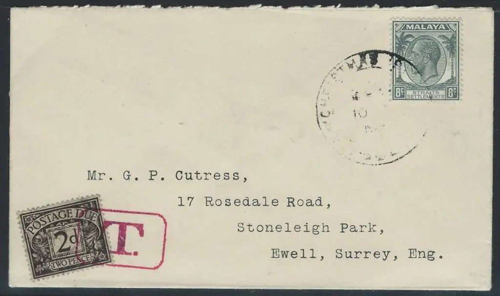1938 cover to England with 8¢ KGV Straits ... Image 1++