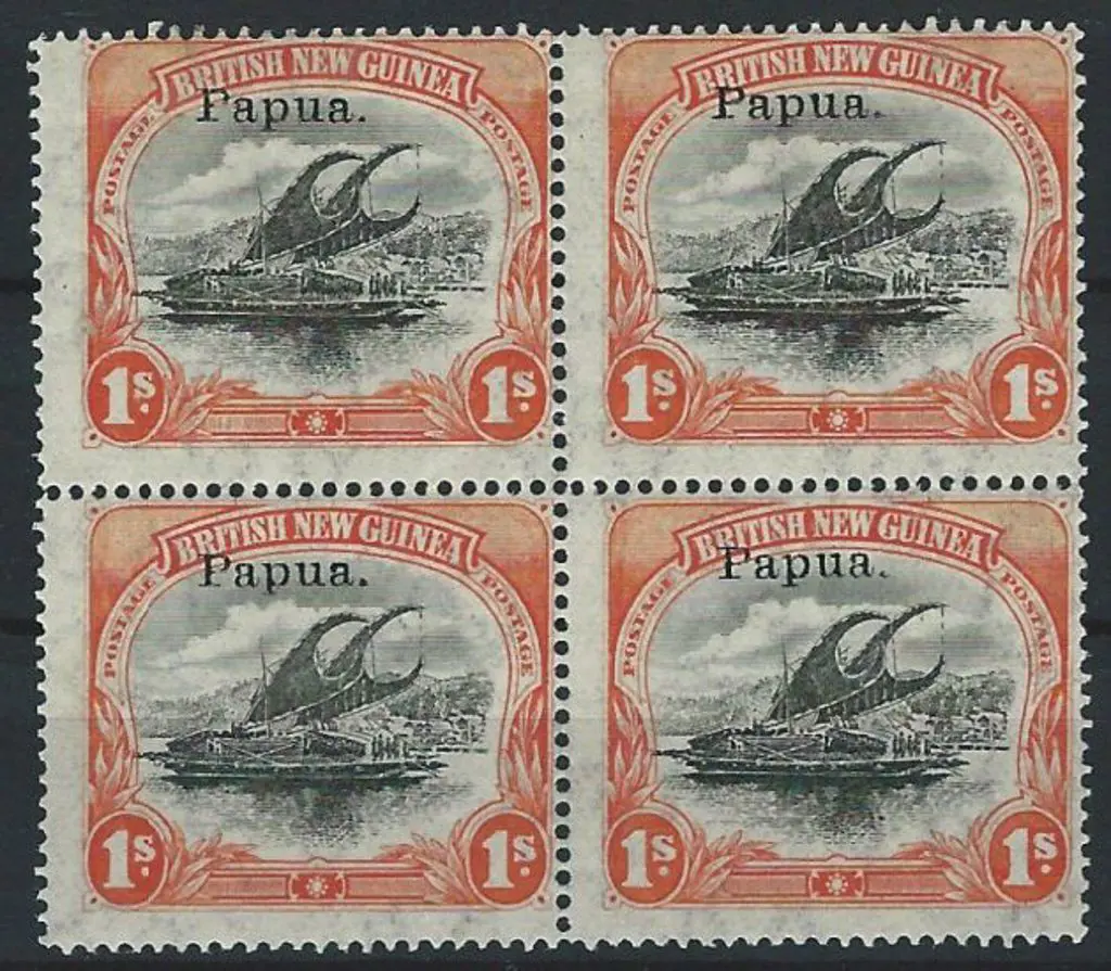 1907 1/- black & orange Lakatoi block of 4 on thin ... Image 1++