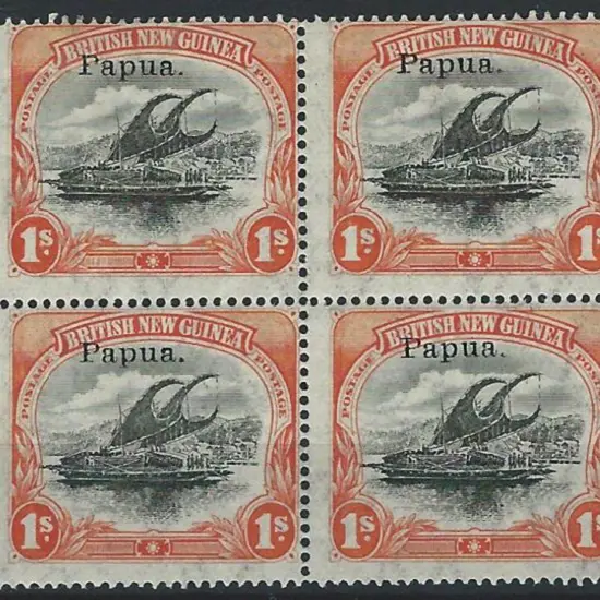 1907 1/- black & orange Lakatoi block of 4 on thin ...