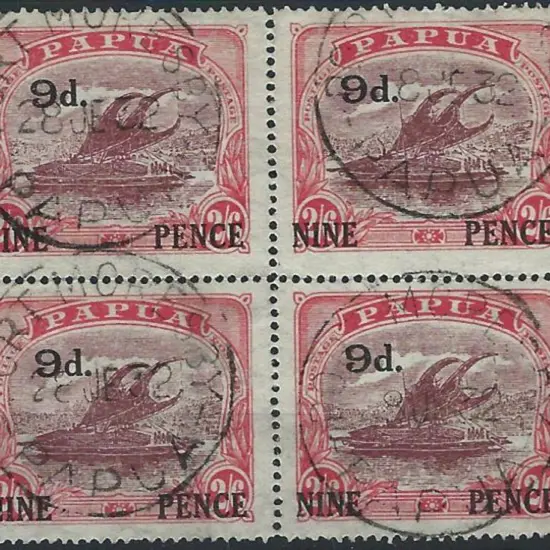 1931 9d on 2/6d maroon & pale pink block of 4, ...