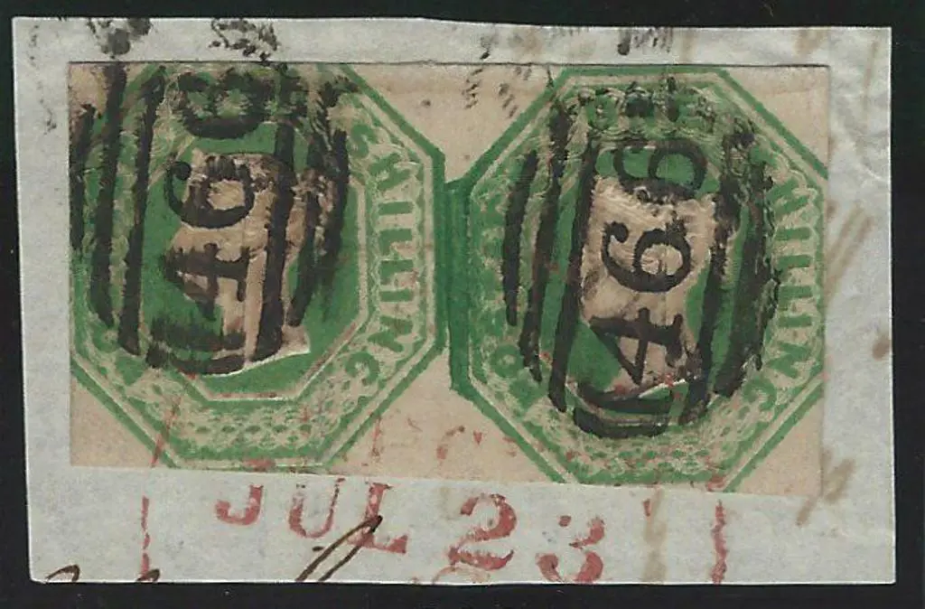 1847 1/- green embossed horiz joined pair cut ... Image 1++