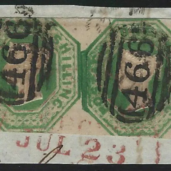 1847 1/- green embossed horiz joined pair cut ...