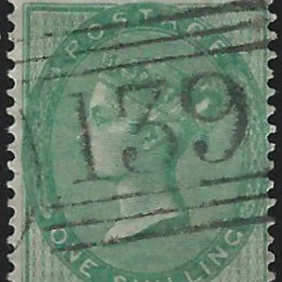 1855 1/- green QV. Fine used with clear "139" ...