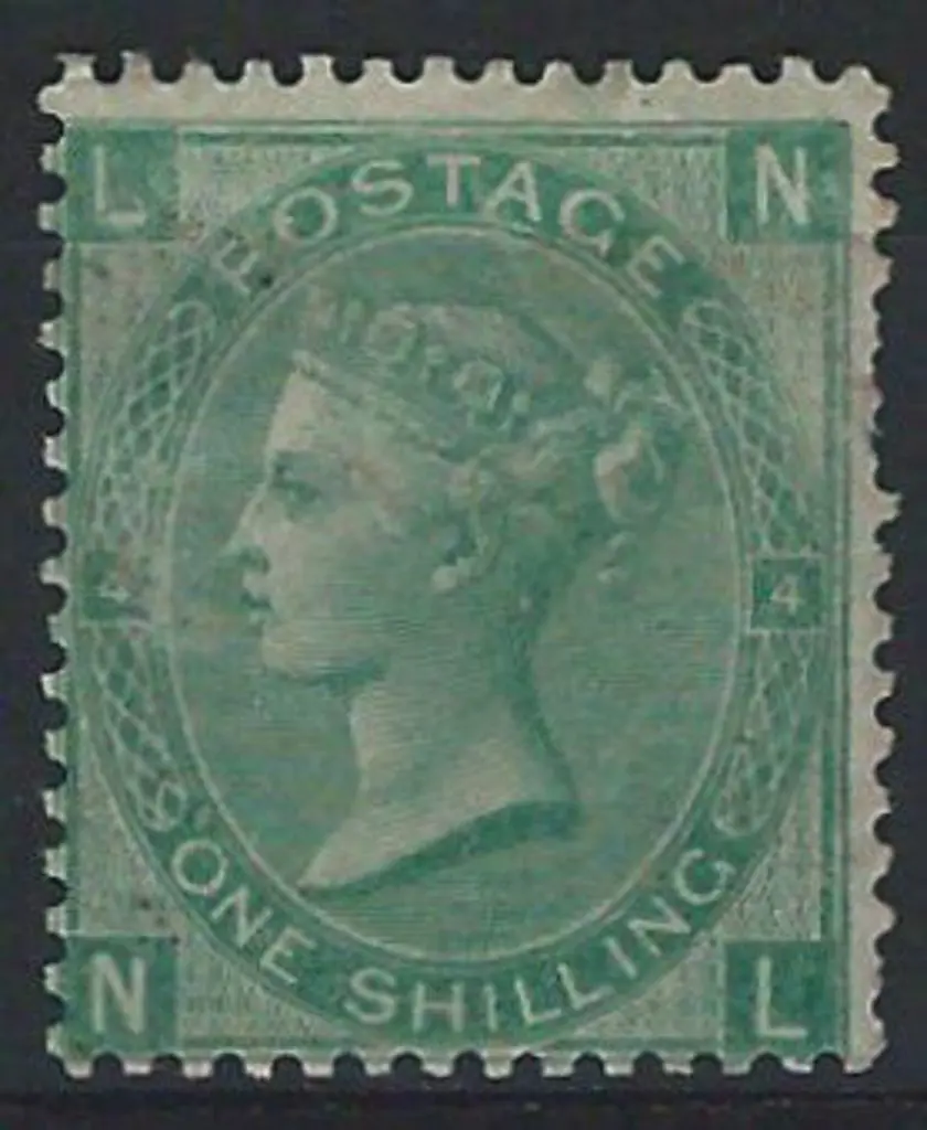1865 1/- green QV, Plate 4. Horiz crease & pulled ... Image 1++