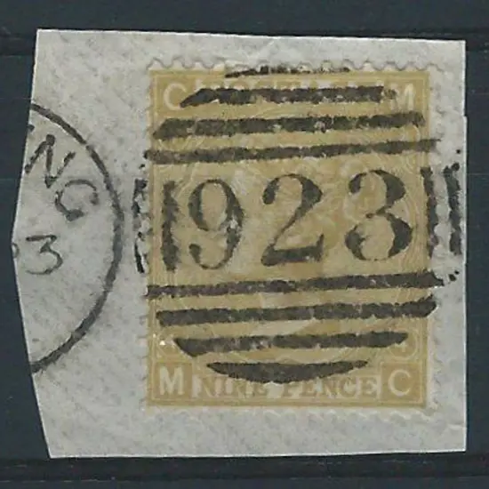 1867 9d pale straw, plate 4 tied to piece by bold ...