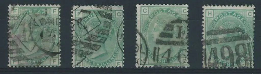 1873 1/- green QV in Plates 9 x 2, 12 & 13. All ... Image 1++