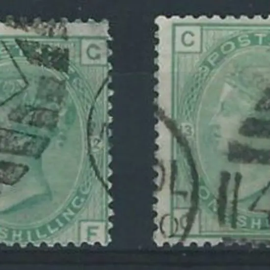 1873 1/- green QV in Plates 9 x 2, 12 & 13. All ...