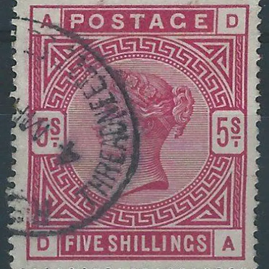 1883 5/- crimson F/U by half a Threadneedle St Reg ...