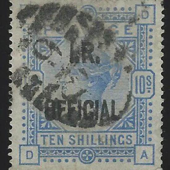 1890 10/- ultramarine QV ovptd "I.R. OFFICIAL" ...