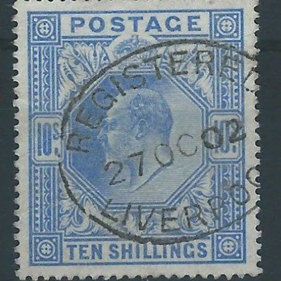 1902 10/- ultramarine KEVII fine used with neat ...