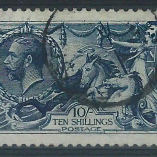 1913 10/- indigo-blue Seahorse, Waterlow printing. ...