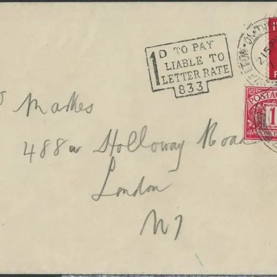 1937 1d KEVIII taxed local letter bearing 1d ...