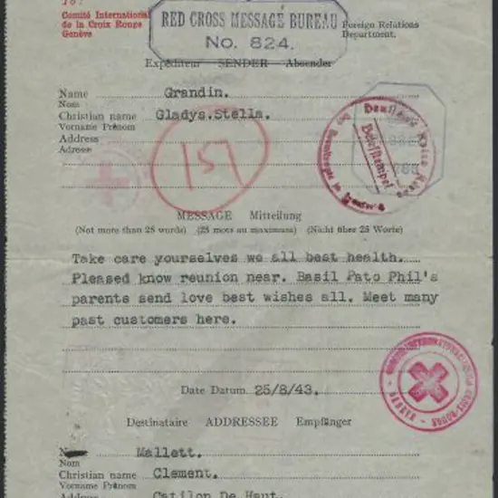 1943 Red Cross "Reply" message form used in Jersey ...