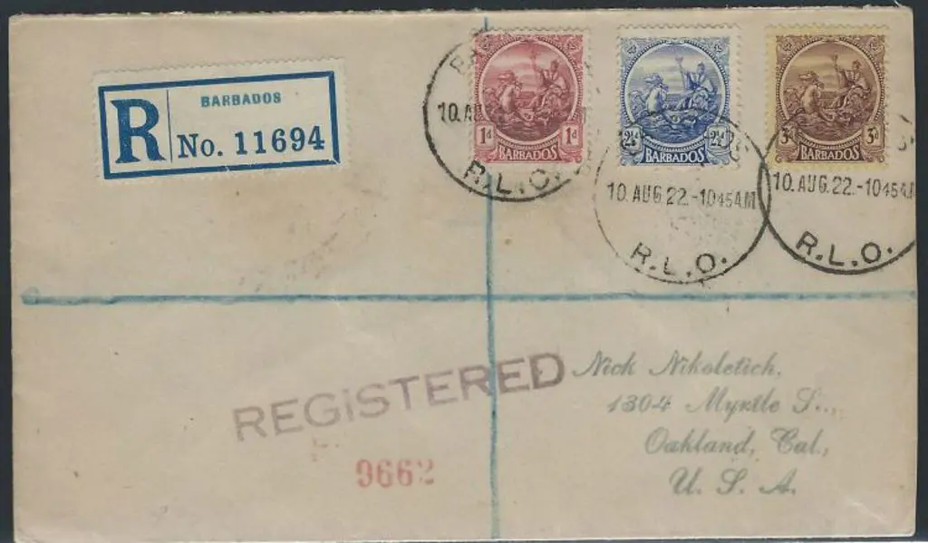 Barbados 1922 (10th Aug) Regd cover to USA bearing ... Image 1++