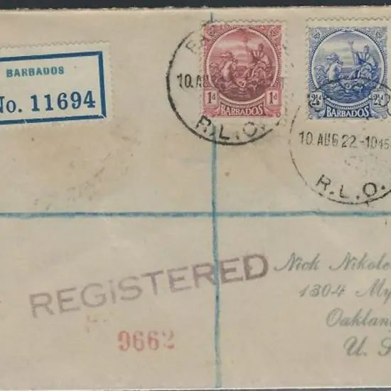 Barbados 1922 (10th Aug) Regd cover to USA bearing ...