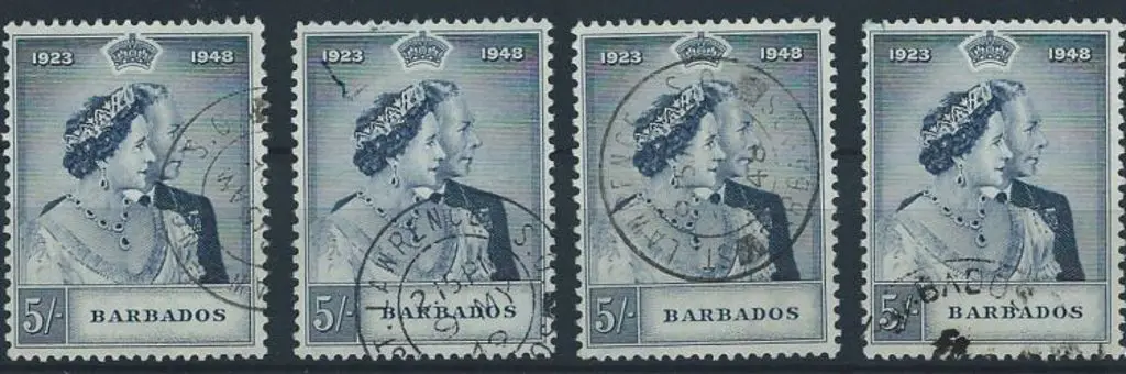 Barbados 1948 5/- RSW x 4 F/U examples with neat ... Image 1++