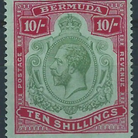 Bermuda 1918/22 10/- green & carmine on pale ...
