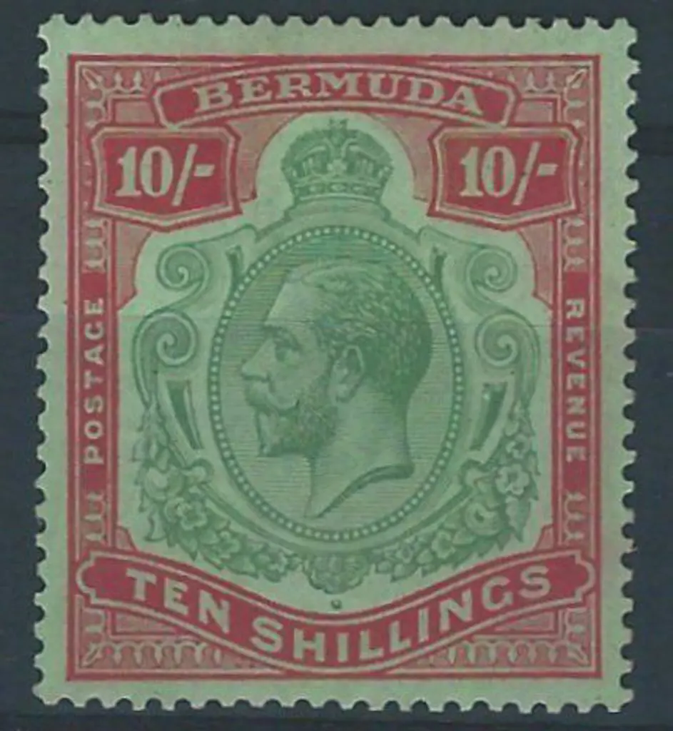 Bermuda 1924 10/- green & red on pale emerald KGV. ... Image 1++
