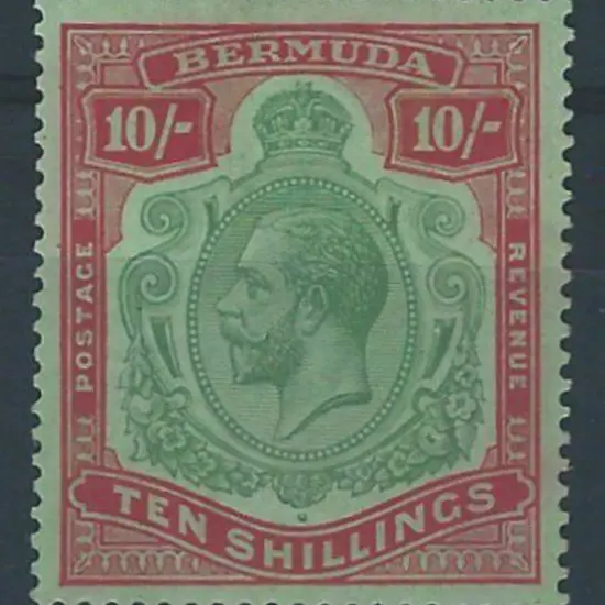 Bermuda 1924 10/- green & red on pale emerald KGV. ...