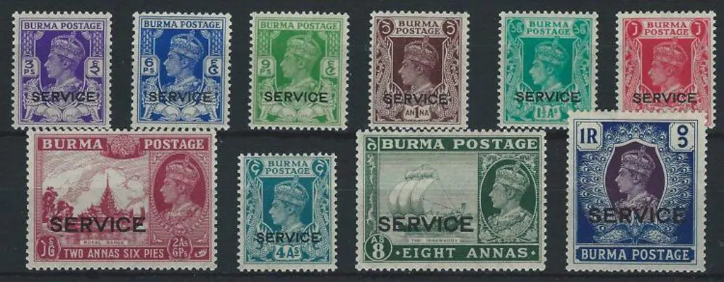 Burma 1939 3p to 1r KGVI Officials ovptd ... Image 1++