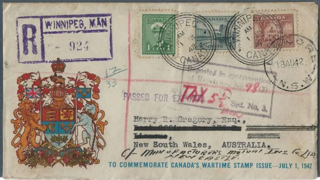 Canada 1942 Registered cover from Winnipeg to NSW ... Image 1++