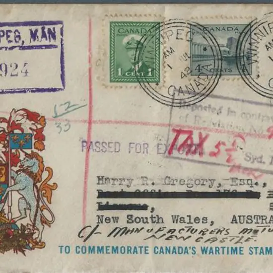 Canada 1942 Registered cover from Winnipeg to NSW ...