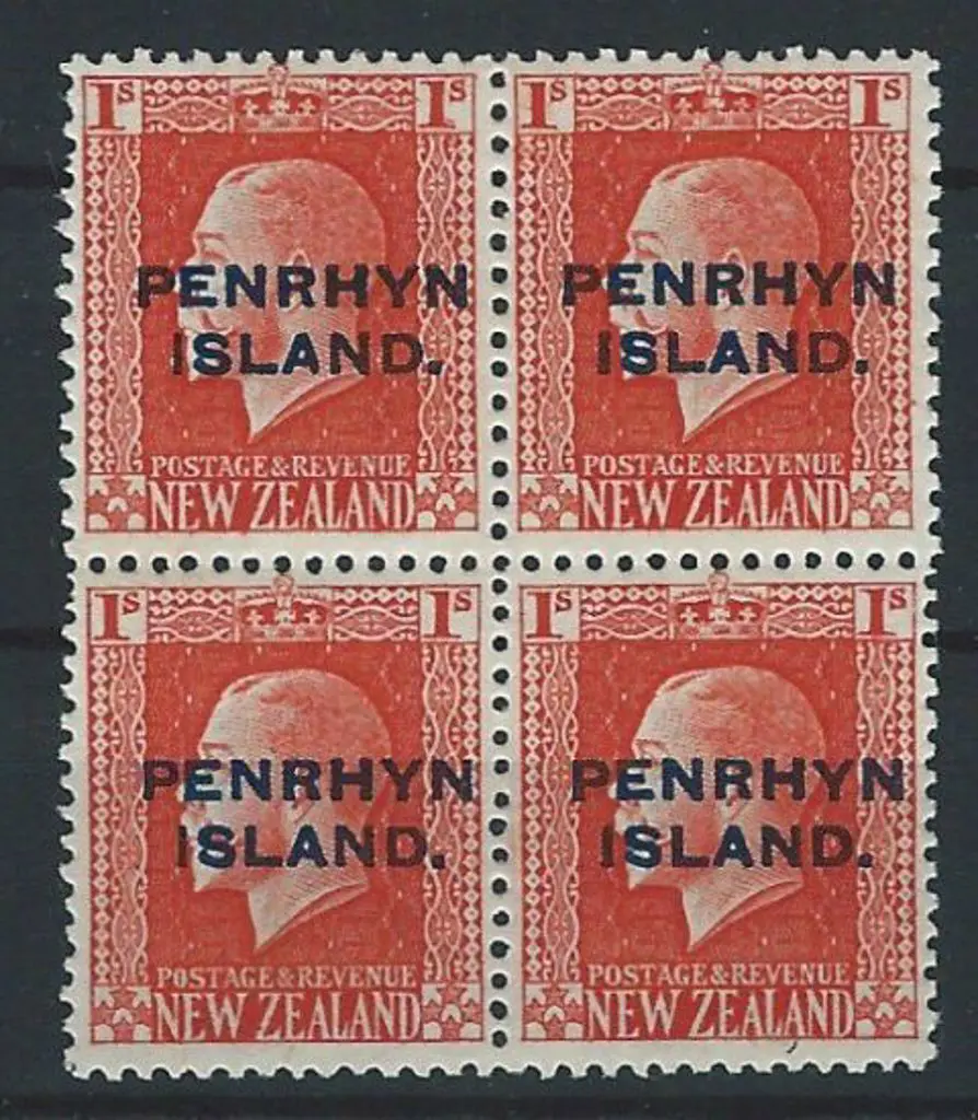 Cook Islands-Penrhyn 1917 1/- vermilion KGV, mixed ... Image 1++