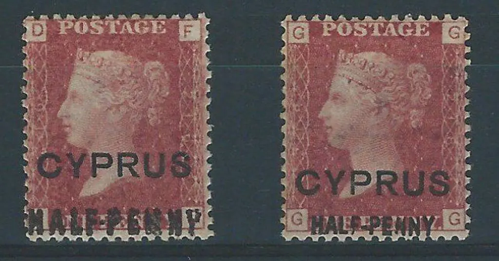 Cyprus 1881 "HALF PENNY" surcharges on 1d QV reds, ... Image 1++