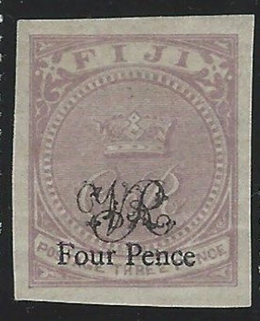 Fiji 1877 4d on 3d mauve also ovptd "VR" on laid ... Image 1++