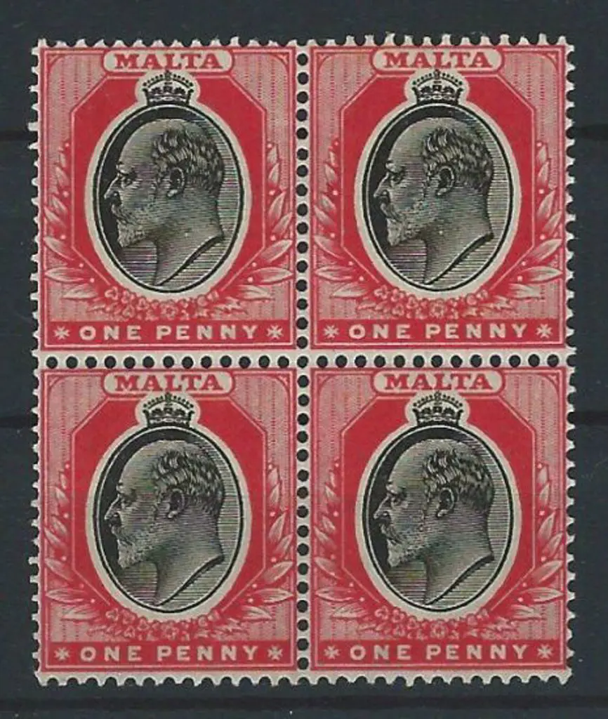 Malta 1905 1d black on red KEVII block of 4. Fine ... Image 1++