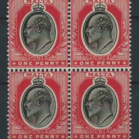 Malta 1905 1d black on red KEVII block of 4. Fine ...
